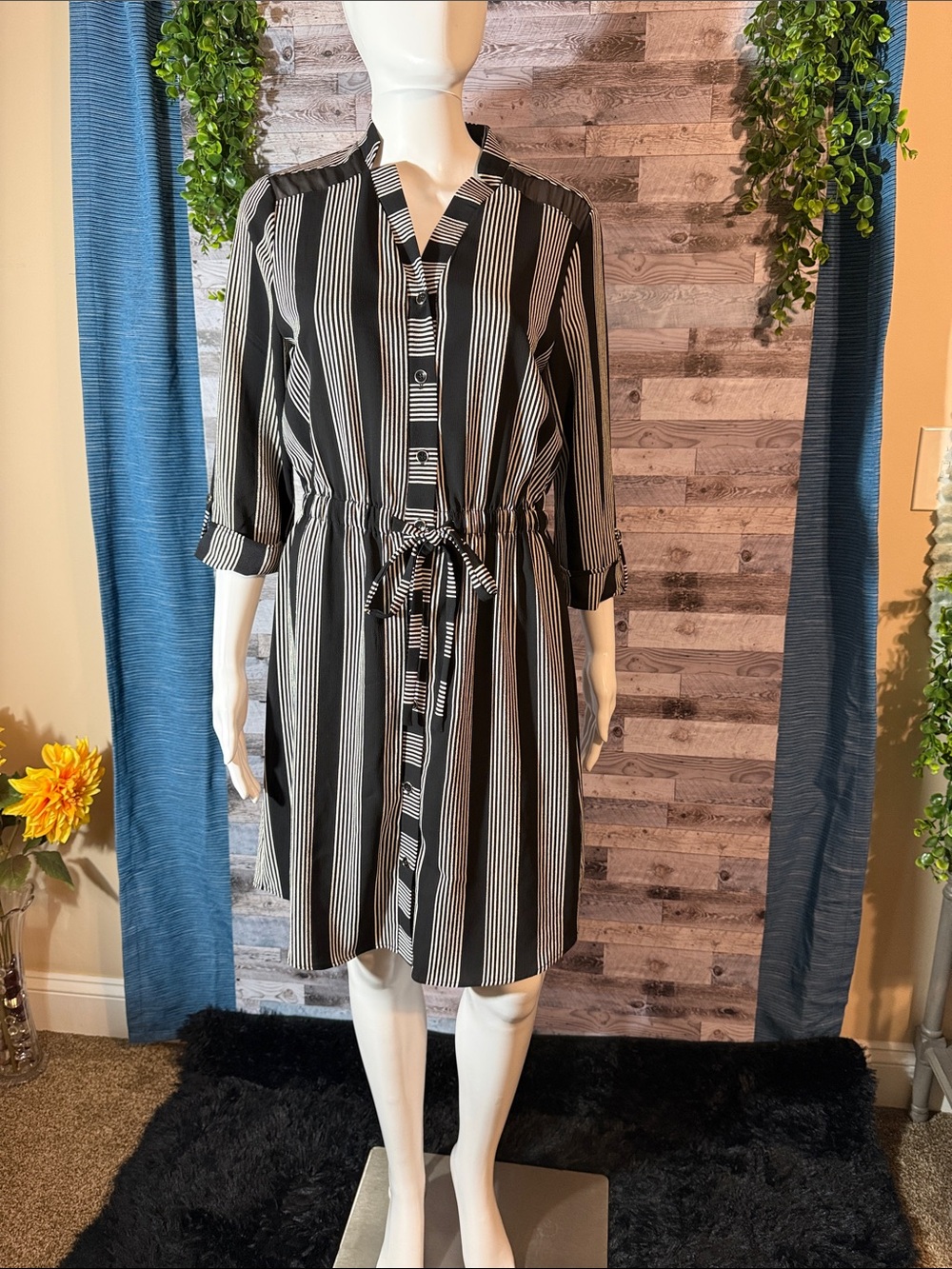 Black & White Striped Tie-Waist Midi Shirt Dress